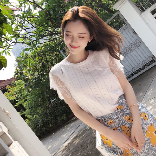 

mishow knitted t shirt womens 2020 summer new fashion short sleeve o neck tee casual female lace t shirts mx18b5165, White