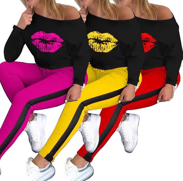 

women two piece outfits fashion lips tracksuit autumn long sleeve t shirt pants leggings sport suits woman clothes sweat suit new d8401, White