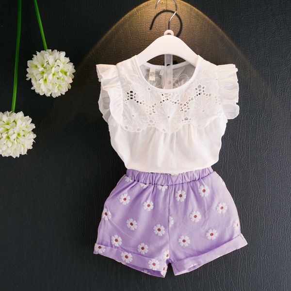 

baby girl clothes set 2019 new summer sweet white cotton shirt embroidered flutter sleeve +daisy shorts 2pcs set children clothing