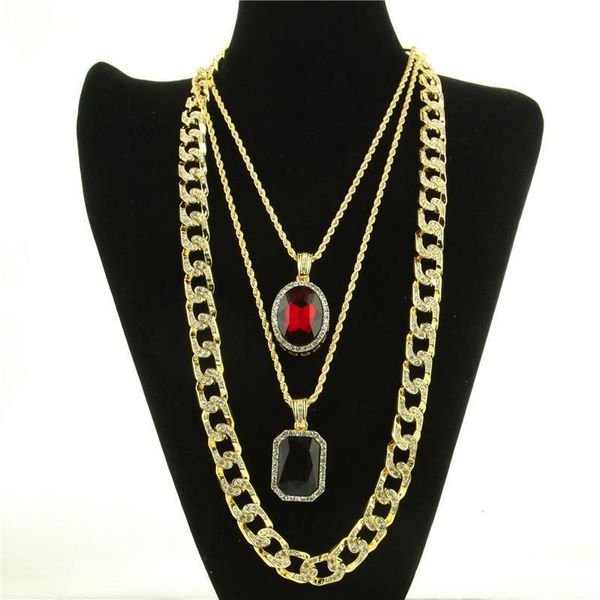 

3 pieces chain necklace set gold color charm hip hop necklace red black rhinestone pendant necklace for men and womenjewelry, Silver