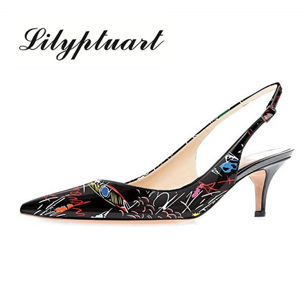 

lilyptuart new plus size 45 concise party shoes woman pointed toe women summer print date back-strap sandals, Black