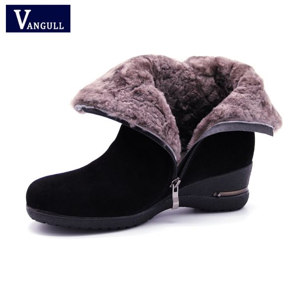 

vangull women ankle boots genuine leather wool wedges heels winter women shoes snow boots female warm fur plush insole shoes, Black