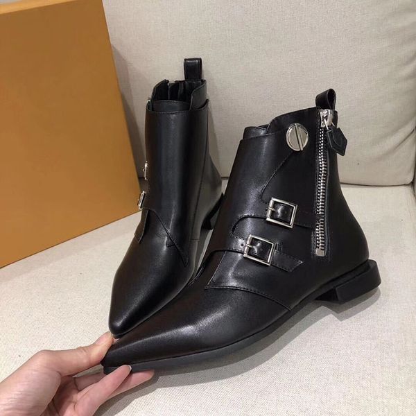 

new designer jumble flat ankle boot martin boots for women calf leather winter boots pointed toe shoes big size 7colors, Black