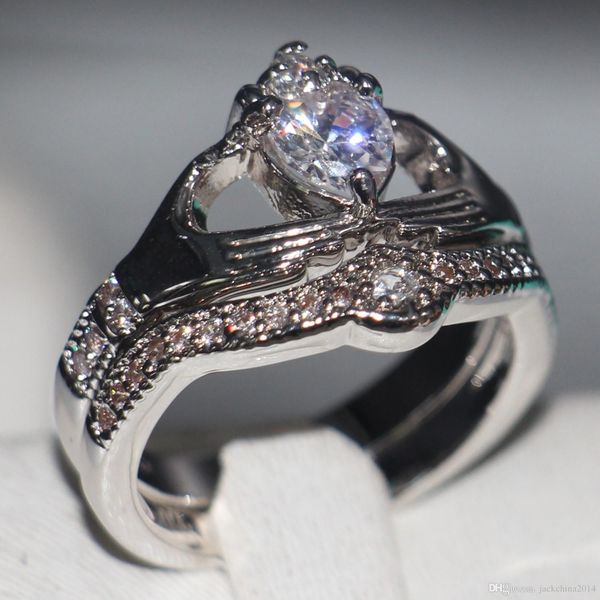 

size 5-11 wholesale big promotion claddagh fashion jewerly 10kt white gold filled z cz diamond gemstones wedding women bridal ring set, Slivery;golden