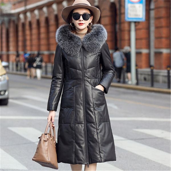 

sheepskin down jacket female long section 2019 winter new hooded large size leather leather jacket thick coat 880-1, Black