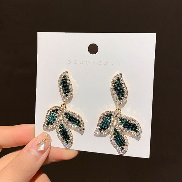 

korean new leaf green crystal dangle earrings for women elegant geometric drop earrings wedding jewelry girl gift brincos, Silver