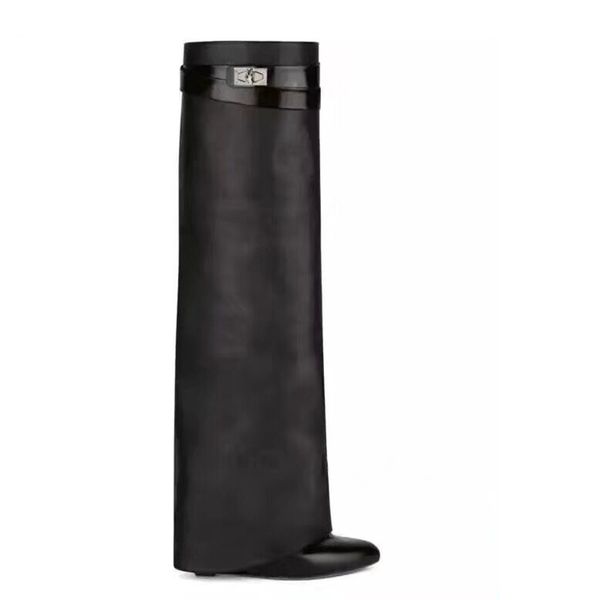 

fashion trend xin buckle women's black boots leather folding long tube wedge high heel in knee thigh high fashion boots