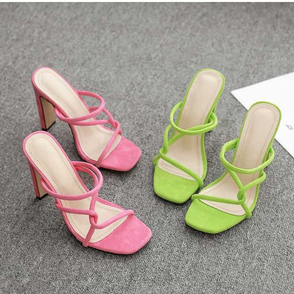

green pink mules shoes woman summer new fashion narrow band women gladiator sandal slipper ladies square open toe stiletto heels, Black
