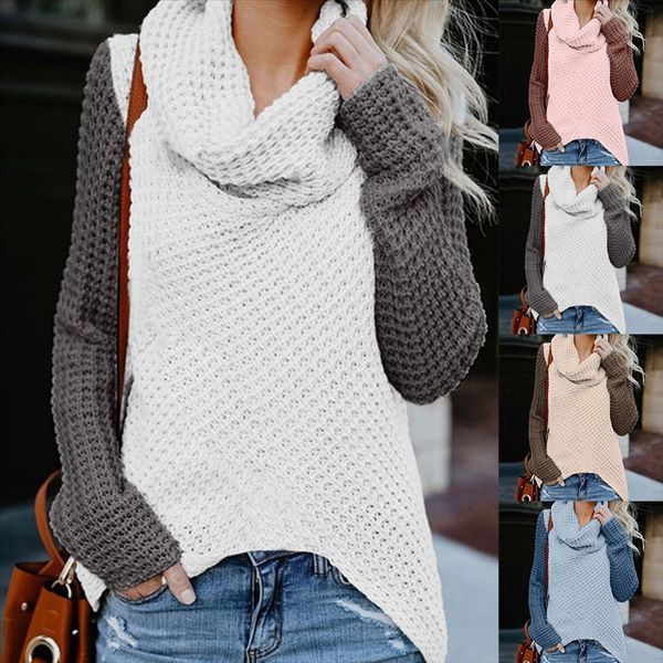 

high collar sleeve linglong lattice irregular front short back long contrast color loose knitted t-shirt hq0909, White