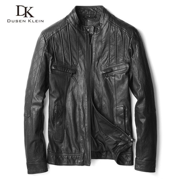 

men genuine leather jacket real sheepskin tanned leather jackets 2019 spring new biker jacket short slim fit u6165, Black
