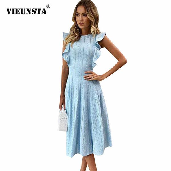 

vieunsta women ruffle elegant sundress lace boho beach party dresses summer o neck sleeveless slim blue white women's dress, Black;pink