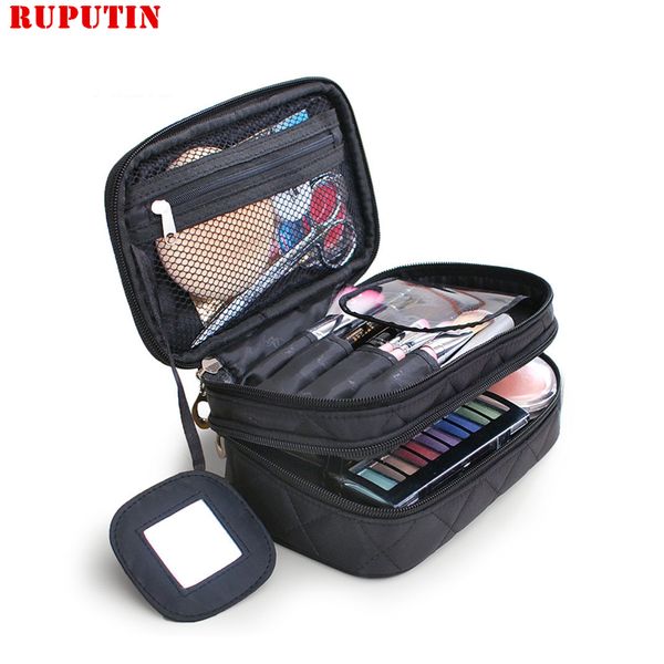 

ruputin women's diamond lattice travel storage cosmetic bag geometric portable wash bags with mirror double zipper make up bag