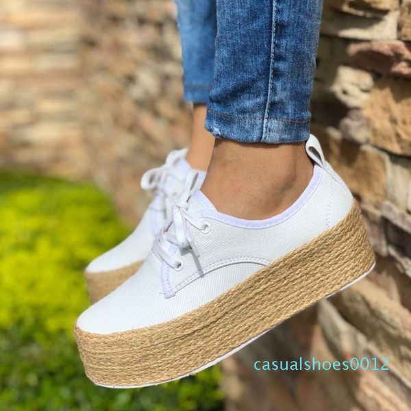 

oeak woman canvas flats casual lace-up loafers shoes canvas flats ladies espadrille shoes thick bottom round toe 12c, Black