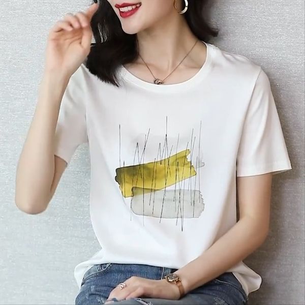 

silk short-sleeved t-shirt female 2020 loose slim positioning printing mulberry silk fashion headdress headdress, White