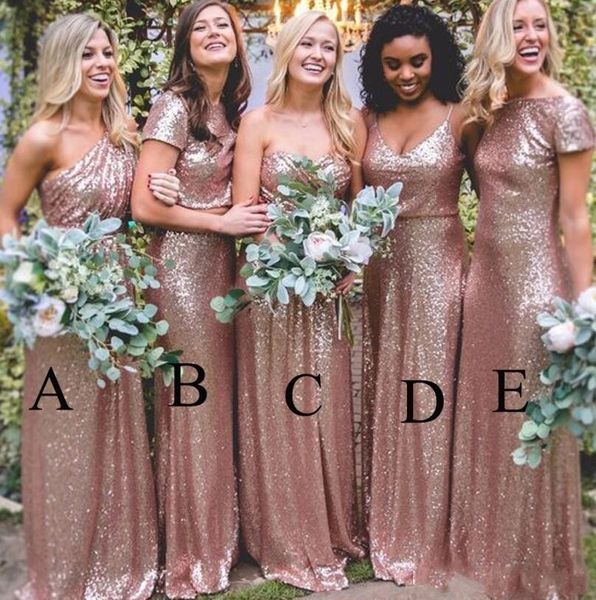 Rose Bling Farkly Gold Pailletten Brautjungfer billig zwei Stücke Rückenless Country Beach Plus Size Party Kleider Hochzeits Gastkleid