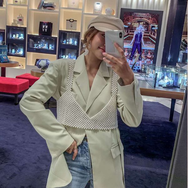 

mism 2019 new fashion knitted pearls crop women exquisite outside beading tank camis vadim streetwear clothes, White