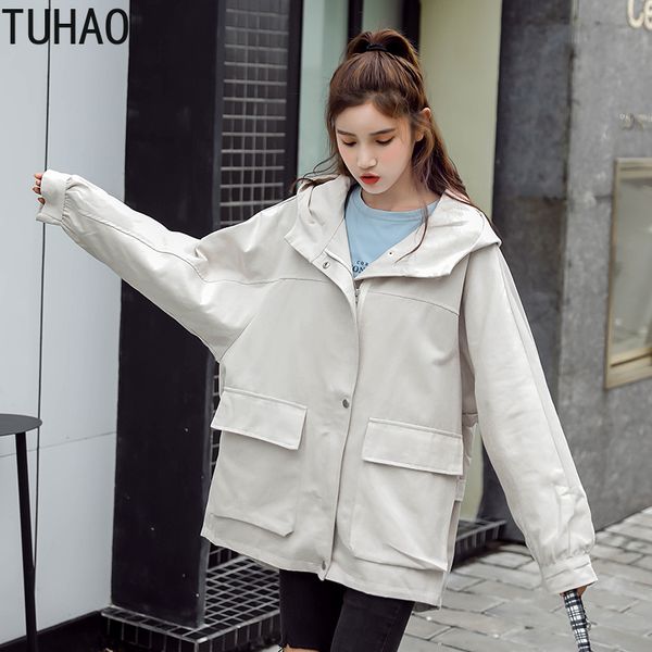 

tuhao 2019 autumn winter casual harajuku womens trench coats loose full sleeve hooded designer long coats solid women wm01, Tan;black