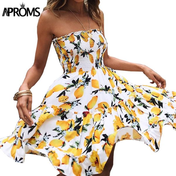 

aproms yellow fruit floral print short dress summer ruffle off shoulder dresses women casual beach sleeveless tube sundress 2018, White;black