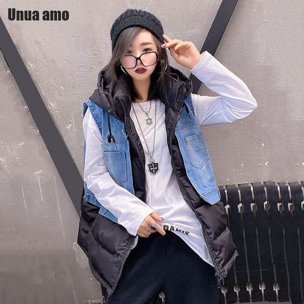 

women's down & parkas unua amo winter jacket women sleeveless vest 2021 streetwear fashion denim patchwork hooded padded parka coat, Black