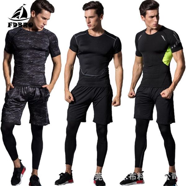 

fdbro mens running gym shirt compression set running tights workout fitness training tracksuit shirts sportsuit rashgard kit, Black;blue