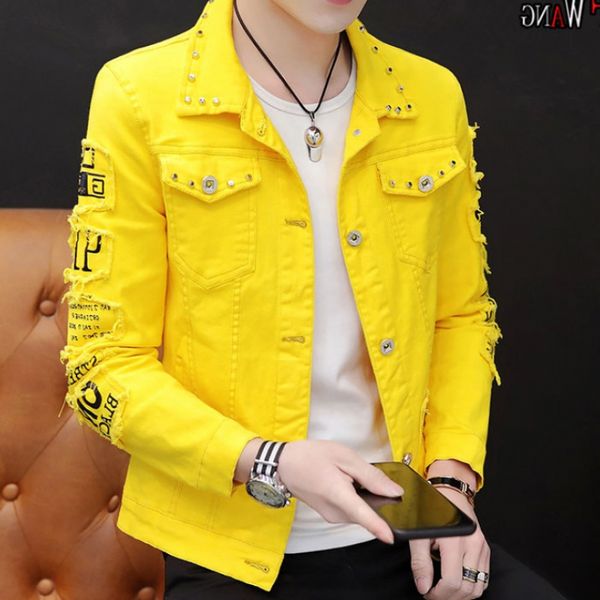 

2020 autumn new men's jean jacket slim fit cotton denim jacket red white black ripped hole jean jackets men cowboy youth men 3xl, Black;brown