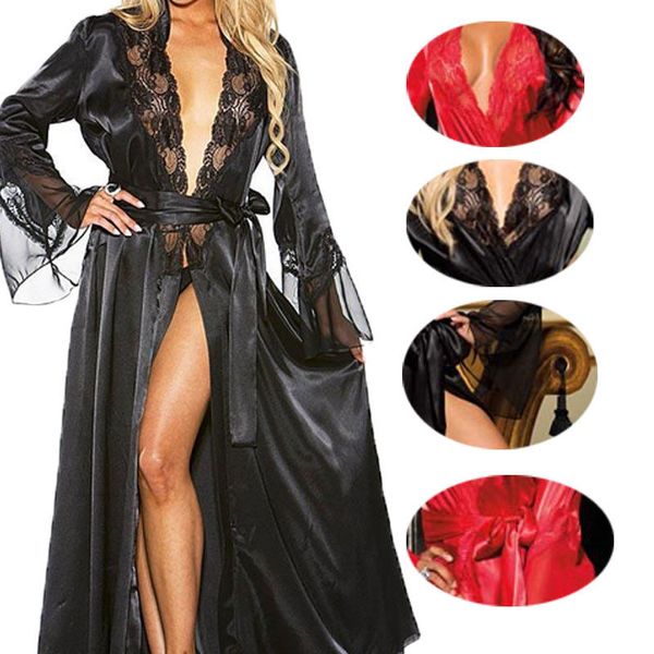 

women long silk kimono dressing gown bath robe babydoll lingerie nightdress solid color nightgown #r45, Red;black