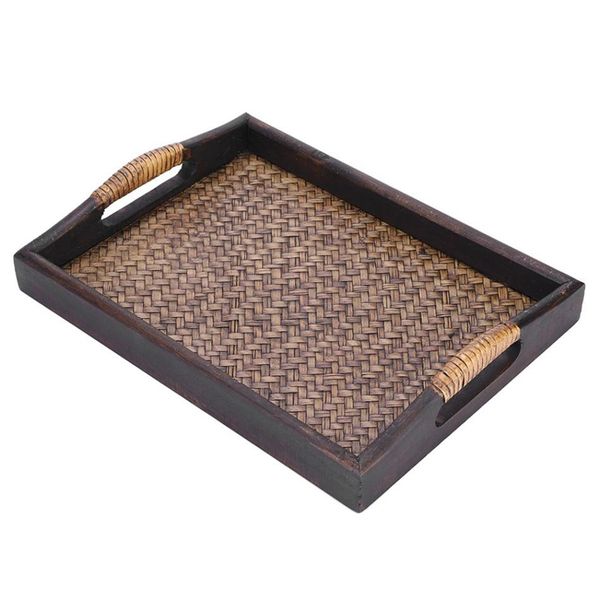 

multi-functional wooden serving trays with handle rectangle handmade rattan bamboo /oil trays dessert/coffee/fruits plate 30