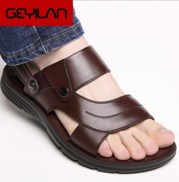 

men sandals genuine leather men beach shoes brand casual shoes slippers sneakers summer slip on flip flops, Black