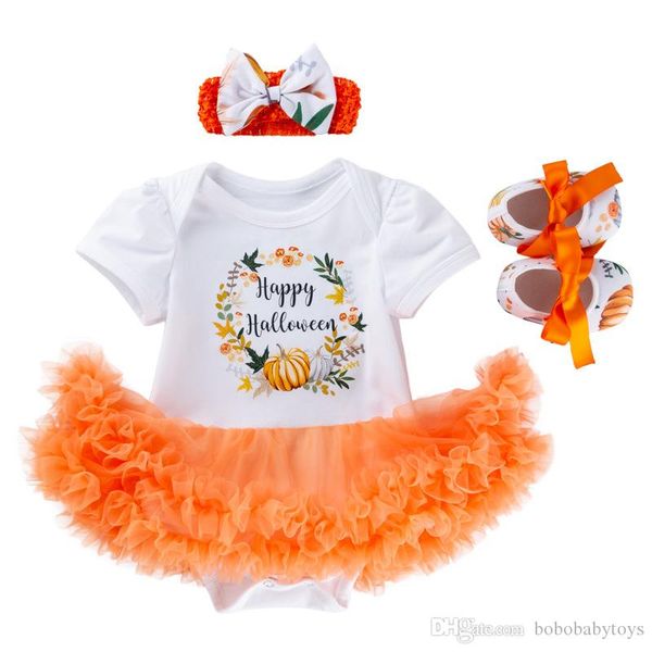 

new halloween baby costume girls rompers newborn clothing 3 pcs sets halloween pumpkin jumpsuits dress cartoon printed baby rompers b213, White