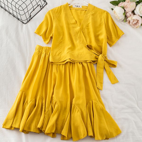 

short sleeve v-neck crop and high waist skirts fashion women summer 2 piece sets new 2020 ladies solid loose suit set korean, White