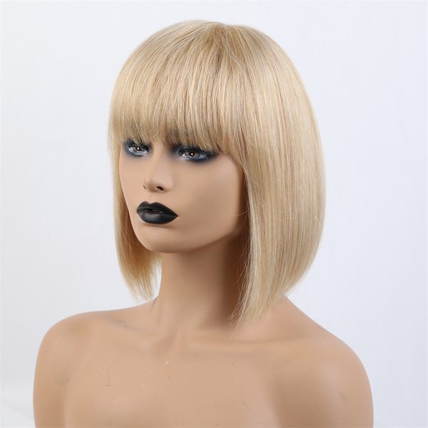 

short straight light golden wigs women straight ends short wig with bangs, Black