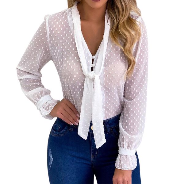 

blouse 2019 women long sleeve chiffon sheer mesh tieup dot see through shirt blouse short sleeve women plus size#5, White