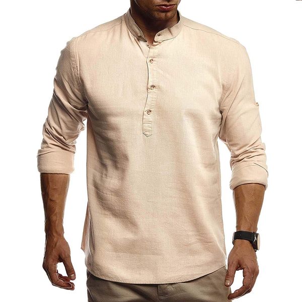 Льняная рубашка с длинным рукавом стенд воротник сплошной цвет мужская рубашка стройная повседневная пуловер высокое качество горячей продажи мужская одежда