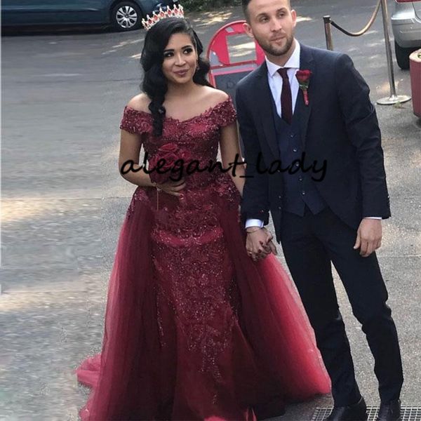 

burgundy mermaid evening dresses with detachable train plus size off shoulder lace applique sparkly beaded arabic kaftan occasion prom gown, Black;red