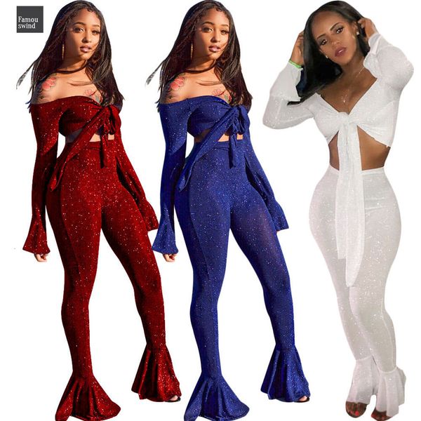 

ансамбль два sexy piece set осень эпикировка tracksuit женщина без бретелек flare рукава ruched печати клеш брюки dos piezas, Gray