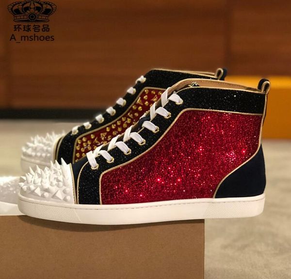 

мода повседневная обуви шипы роскошный louisflats strass красной подошвой кроссовки обувь для женщин, мужчин strass высокого качества венчан, Black