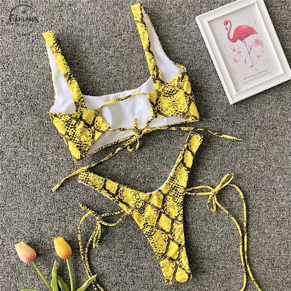 

yellow snake bikini 2019 summer neon high leg swimwear lady leopard print 2 piece thong bathing suit pad bandage trikini, White;black