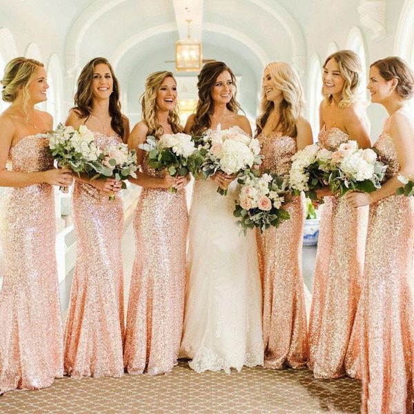 Rose Gold Lantejoulas Sereia vestidos de dama de honra 2019 barato feito sob encomenda feito sob encomenda do casamento longo vestido de convidado de casamento vestido de festa de noite