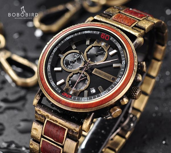 

relogio masculino bobo bird wood watch chronograph men watches in wooden box reloj hombre dropshipping, Slivery;brown