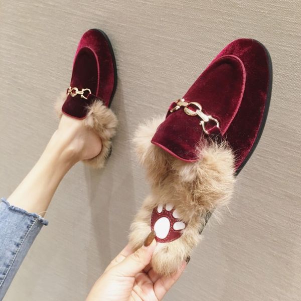 

shoes for girls woman's slippers loafers slides winter footwear fashion flock lady soft 2019 flat luxury fretwork plush casual, Black