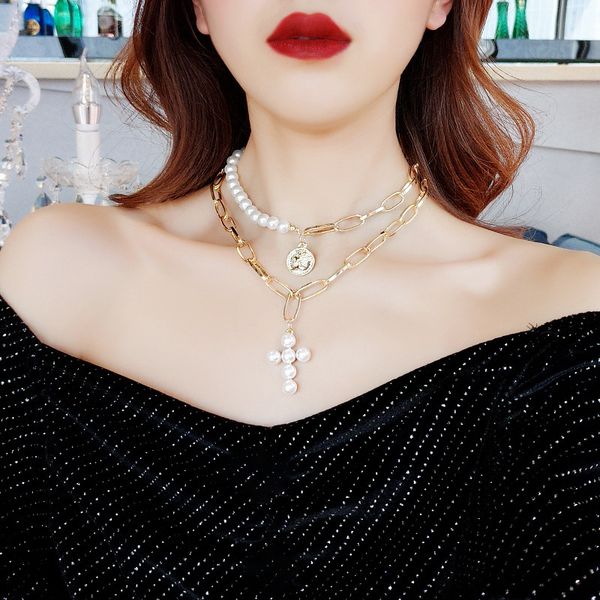 

new european and american pearl cross collarbone chain female fashion short necklace choker collar female, Silver
