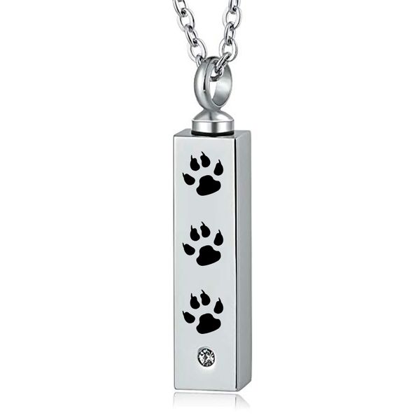 

personalized minimalist bar rectangle pet necklace cat paw print pendant memorial for ashes keepsake birthstone cremation jewelry, Silver