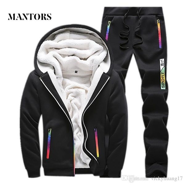 

casual tracksuit men set 2019 winter new inner fleece thick hooded jacket + pants men's two piece sets warm sporting suit male, Gray