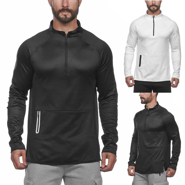 

men o-neck black white t-shirt 2019 autumn zipper solid t shirt casual long sleeve slim tshirt tee shirt male clothes homme, White;black