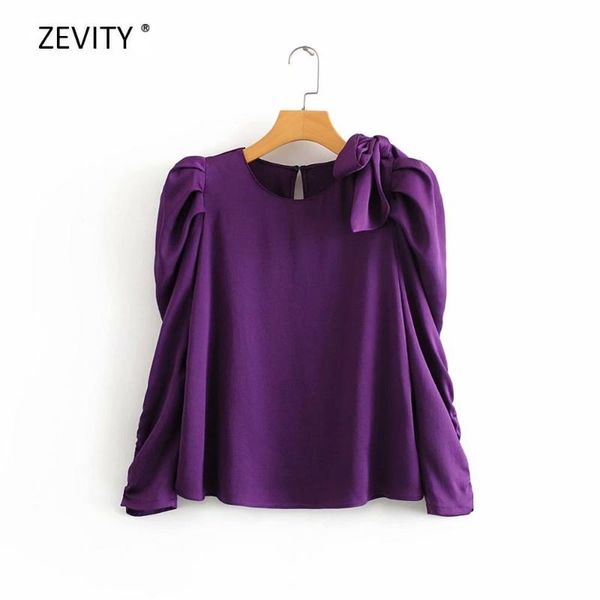 

2020 women shoulder bow solid color casual smock blouse office lady pleats puff sleeve shirts chic chemise femininas ls6140, White