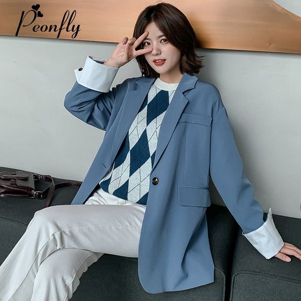 

peonfly 2019 women formal solid blazer long sleeve ladies coat female pockets buttons blazer work office business suit, White;black