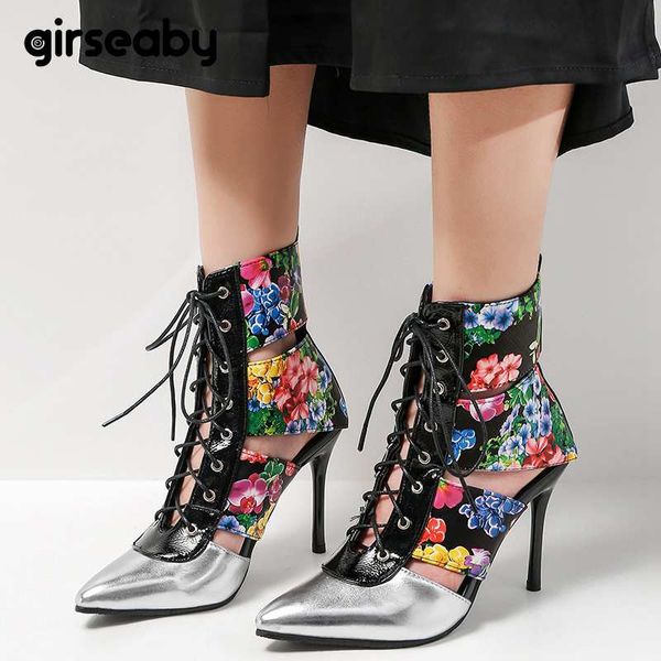 

girseaby 2019 new spring summer shoes woman summer boots mid-calf boots female mujer pointed toe flower cross tied print a1717, Black
