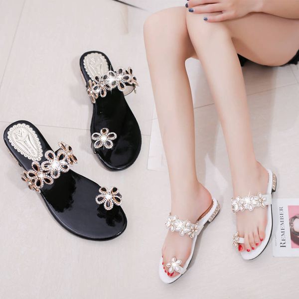 

new women casual summer flat slippers flip flops female flower outside shoes girls comfortable woman footwear drop shipping, Black