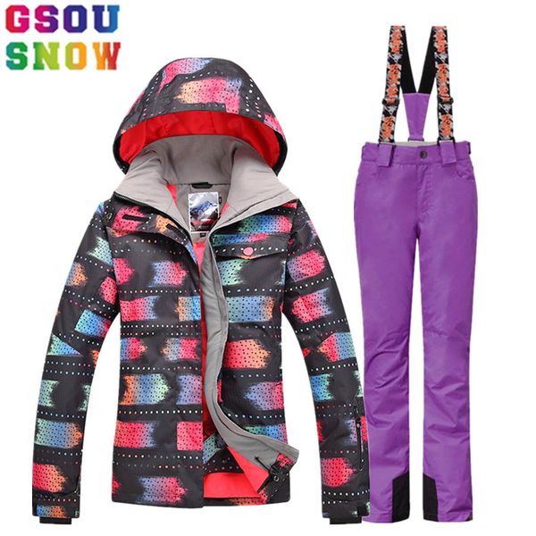 

gsou snow winter ski suit women's ski jacket+ski pants set outdoor mountain skiing suit snowboard waterproof windproof clothes