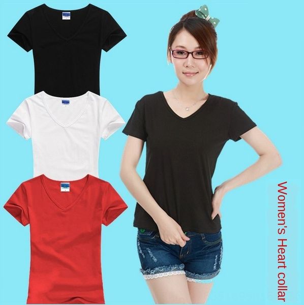 

women's t- v-neck blank t-shirt cotton thermal transfer pyrography special guanggu shan plain short-sleeved shirt, White